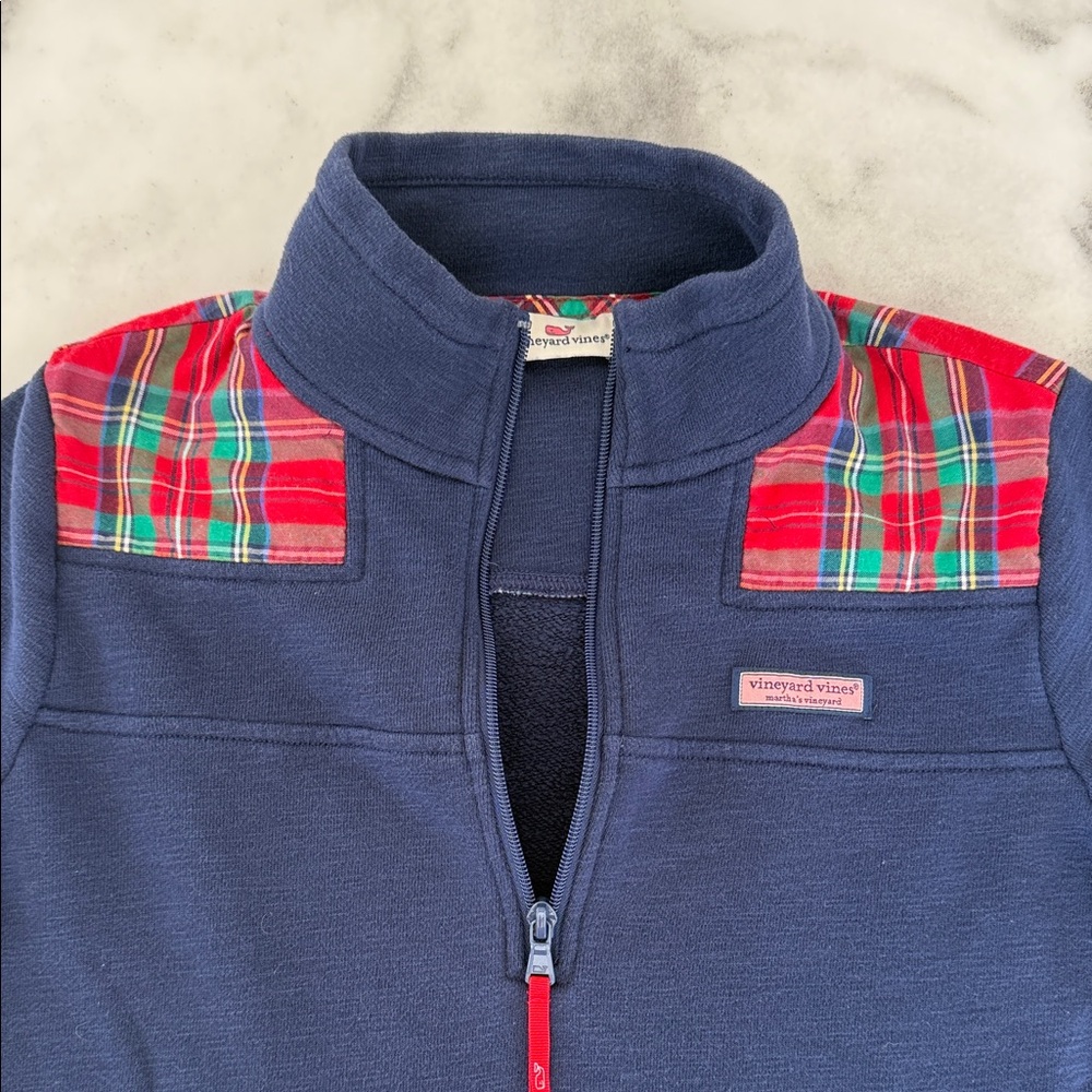 Women’s size Small Vineyard Vines Navy and Red Plaid Quarter Zip-Up Sweater